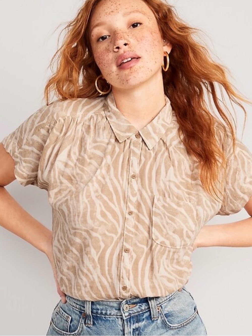 Old Navy Dolman Short Sleeve Beige Zebra Print Button-Up Blouse Size XS